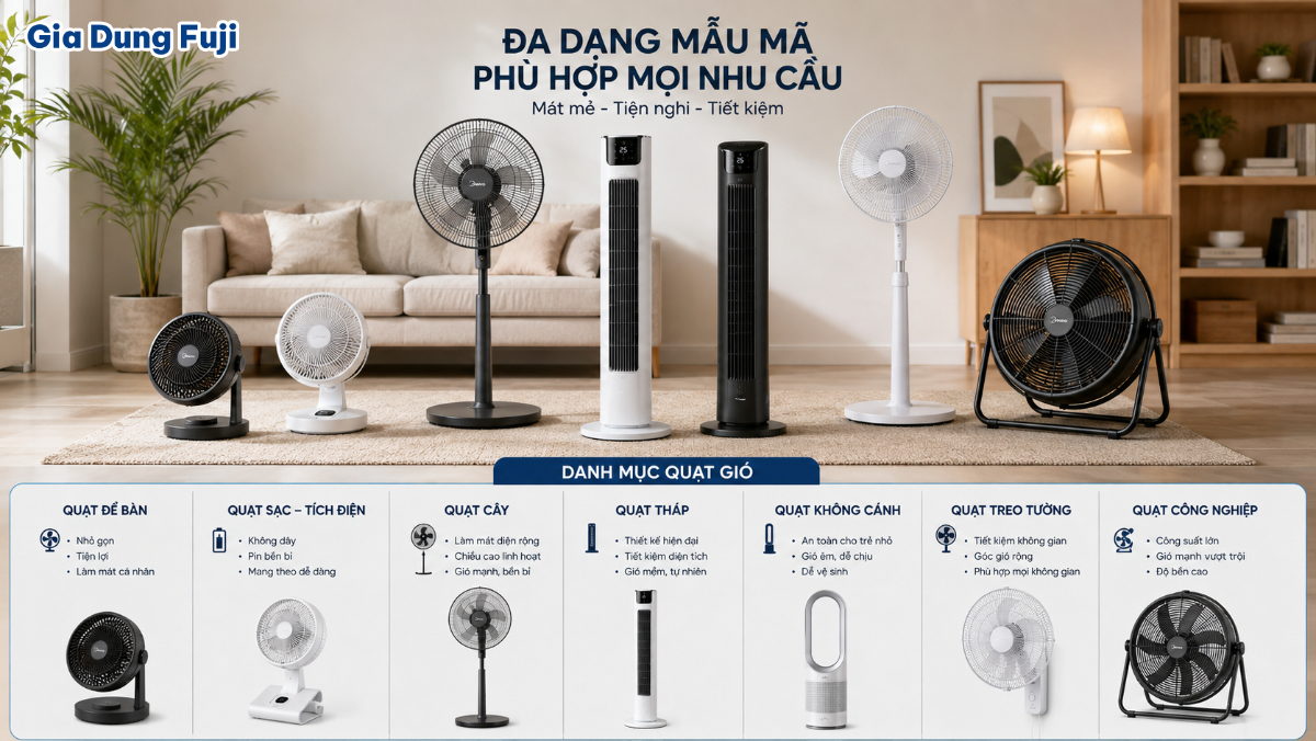 Người dùng có thể tham khảo thêm các dòng quạt gia dụng để lựa chọn thiết kế phù hợp với nhu cầu sử dụng. Nhiều loại quạt gia dụng gồm quạt tháp và các kiểu quạt điện khác