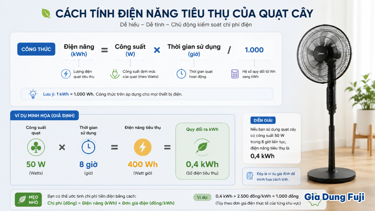 Điện năng tiêu thụ của quạt phụ thuộc vào công suất thực tế và tổng thời gian thiết bị hoạt động. ông thức tính điện năng tiêu thụ của quạt cây theo công suất và thời gian sử dụng