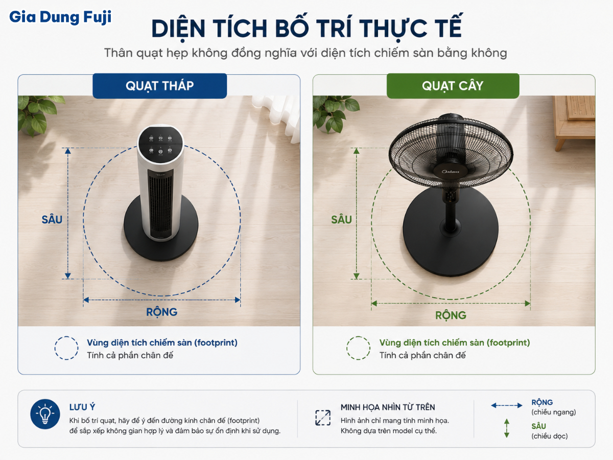 Khi đặt quạt trong phòng nhỏ, nên kiểm tra cả chiều rộng và chiều sâu của chân đế thay vì chỉ nhìn phần thân máy. Minh họa diện tích chân đế cần tính khi bố trí quạt tháp và quạt cây