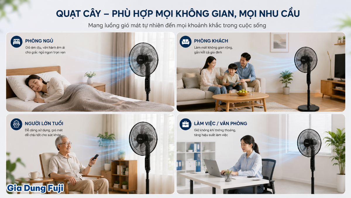 Tiêu chí chọn quạt cây nên thay đổi theo không gian, vị trí đặt và người sử dụng thực tế. Các tình huống sử dụng quạt cây trong phòng ngủ, phòng khách và khu vực làm việc