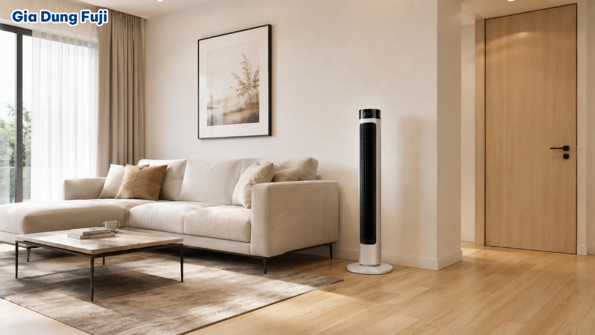 Thiết kế thân hẹp giúp quạt tháp dễ bố trí tại các khu vực có diện tích sàn hạn chế. Quạt tháp đặt cạnh sofa trong căn hộ chung cư có diện tích hạn chế