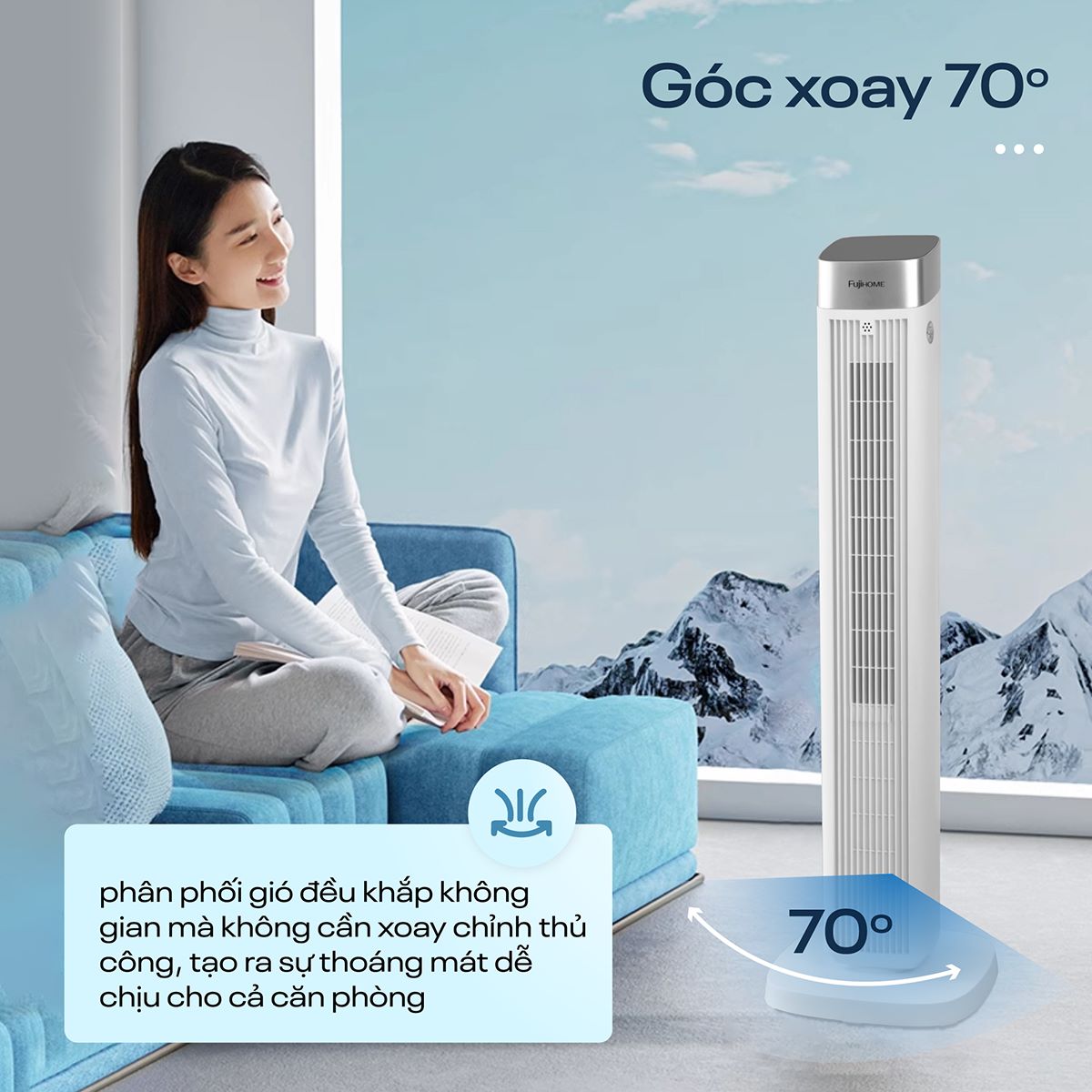 Quạt tháp Fujihome TF-51E màu trắng có góc xoay 70 độ giúp phân phối gió đều khắp không gian.