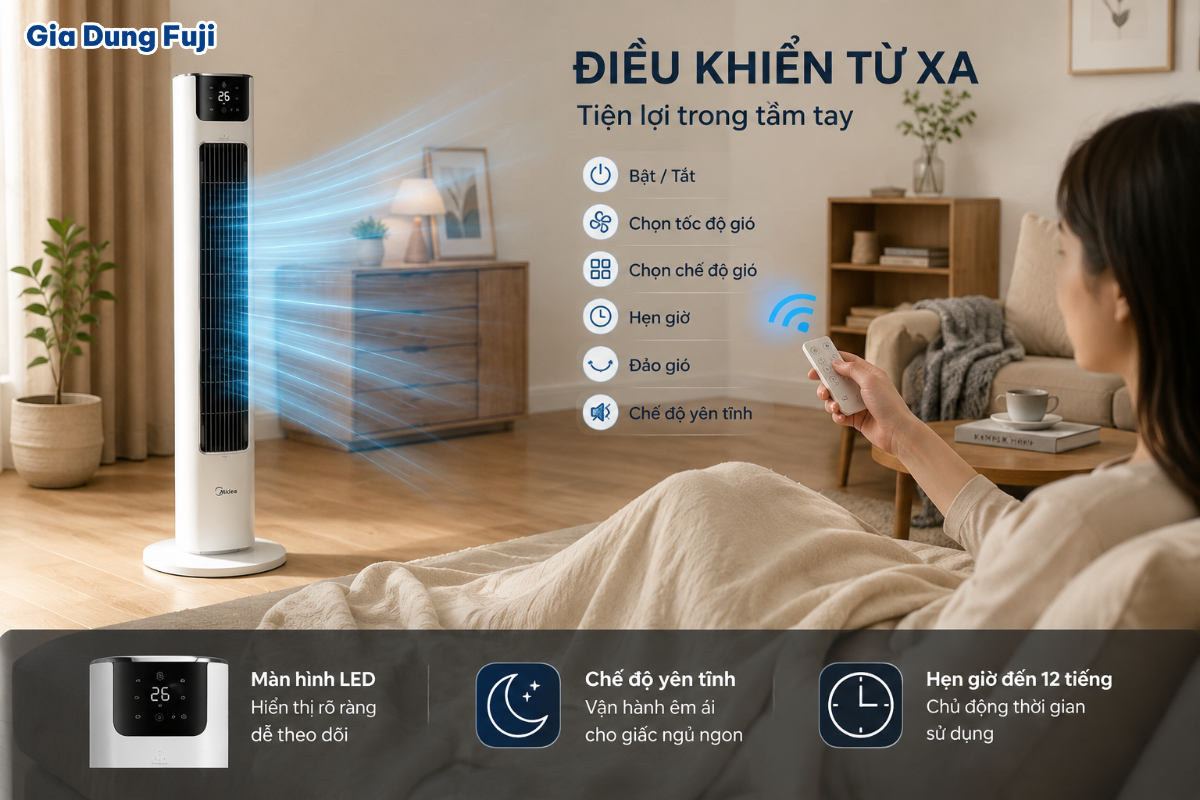 Điều khiển từ xa giúp người dùng thay đổi chế độ quạt mà không cần di chuyển đến thiết bị. Quạt tháp có điều khiển từ xa đặt trong phòng gia đình