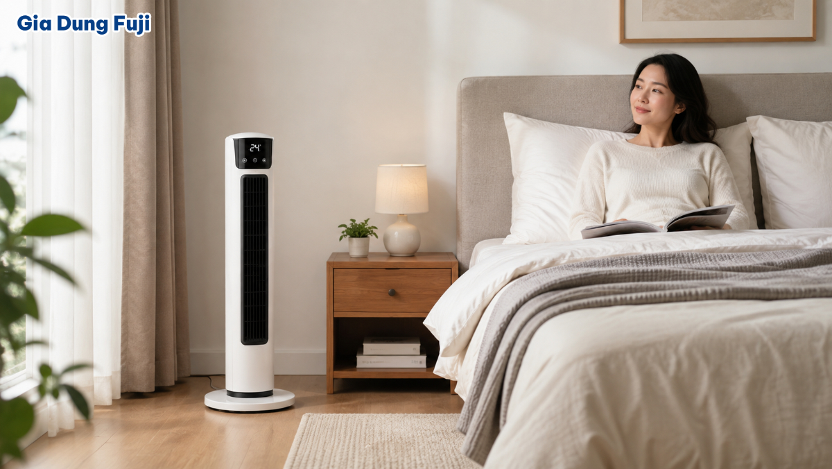 Khi dùng quạt tháp trong phòng ngủ, nên chú ý độ ồn, mức gió và vị trí đặt quạt. Quạt tháp đặt cạnh giường ngủ trong không gian phòng ngủ gia đình