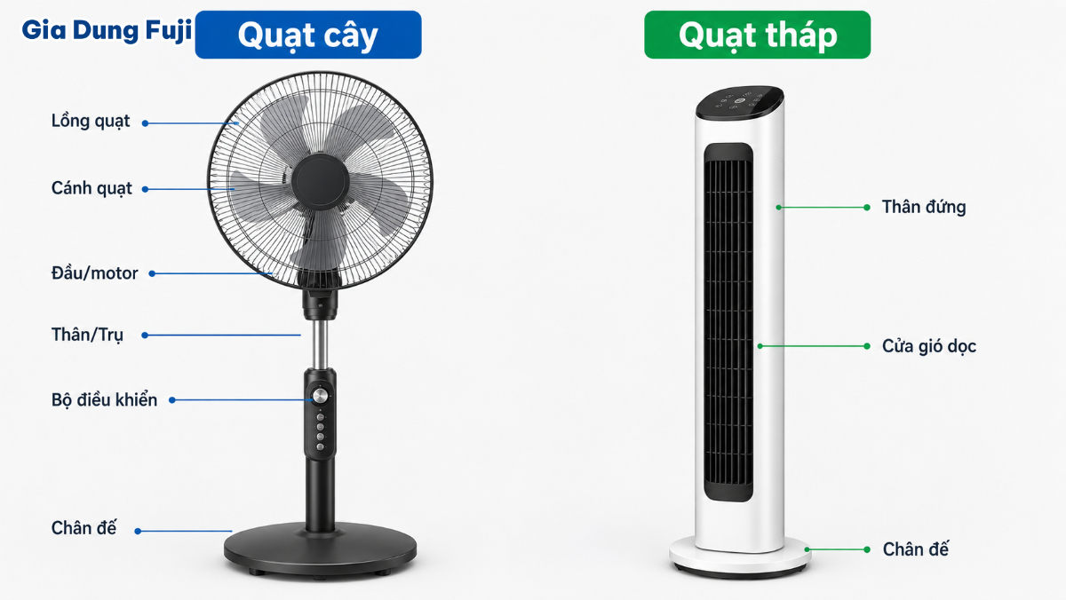 Quạt tháp và quạt cây khác nhau rõ nhất ở hình dáng, cấu trúc thân máy và vị trí bộ phận tạo gió. Quạt tháp thân cao hẹp đặt cạnh quạt cây có lồng cánh và chân đế