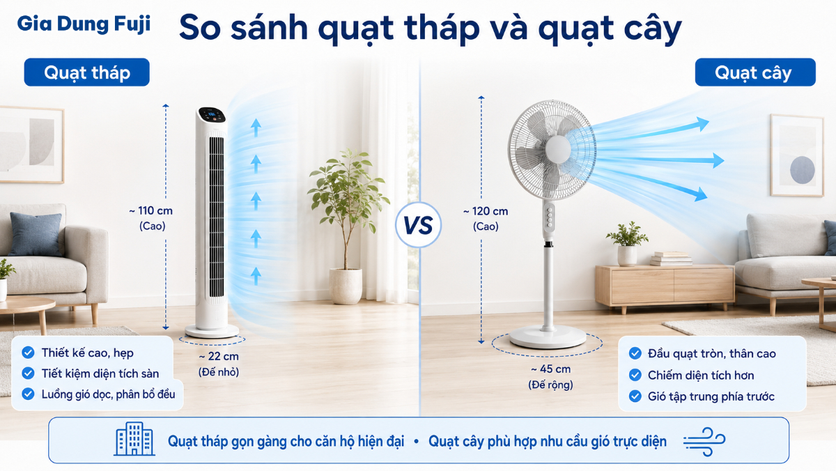 Quạt tháp và quạt cây khác nhau về thiết kế, cách bố trí cửa gió và không gian lắp đặt. So sánh thiết kế bên ngoài giữa quạt tháp và quạt cây