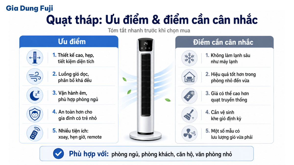 Quạt tháp có ưu thế về thiết kế gọn nhưng vẫn cần cân nhắc lực gió, độ ồn và khả năng vệ sinh. Infographic tổng hợp ưu điểm và nhược điểm của quạt tháp