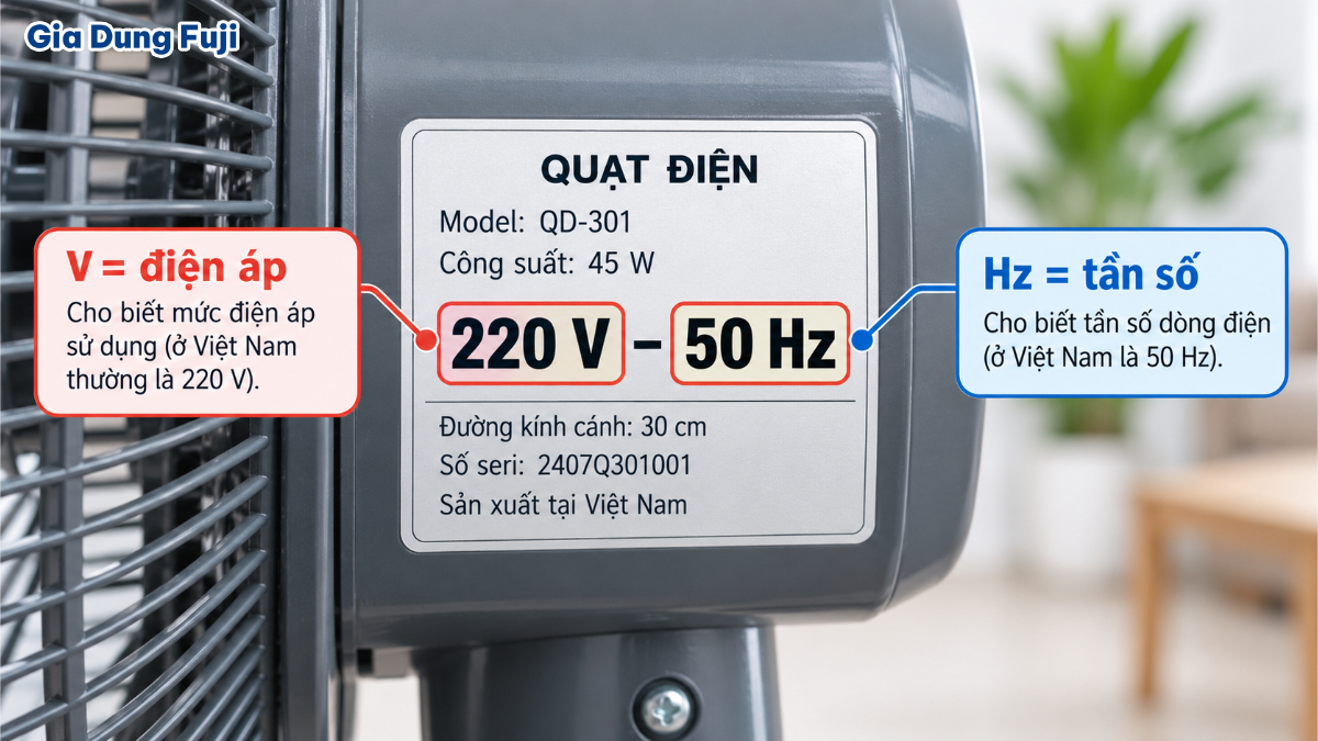 Dòng 220 V – 50 Hz cho biết điều kiện nguồn điện được nhà sản xuất quy định cho thiết bị. Tem thông số quạt điện ghi 220 V 50 Hz với chú thích V là điện áp và Hz là tần số