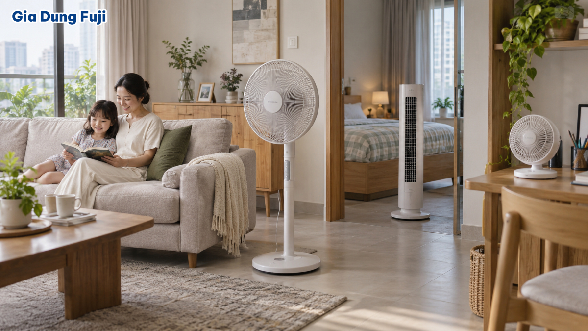 Các dòng quạt gia dụng được bố trí trong không gian sử dụng thực tế