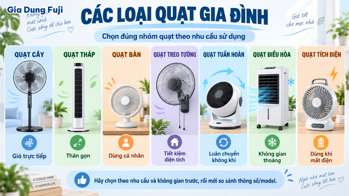 Các loại quạt điện gia đình gồm quạt cây, quạt tháp, quạt bàn, quạt tuần hoàn và quạt điều hòa