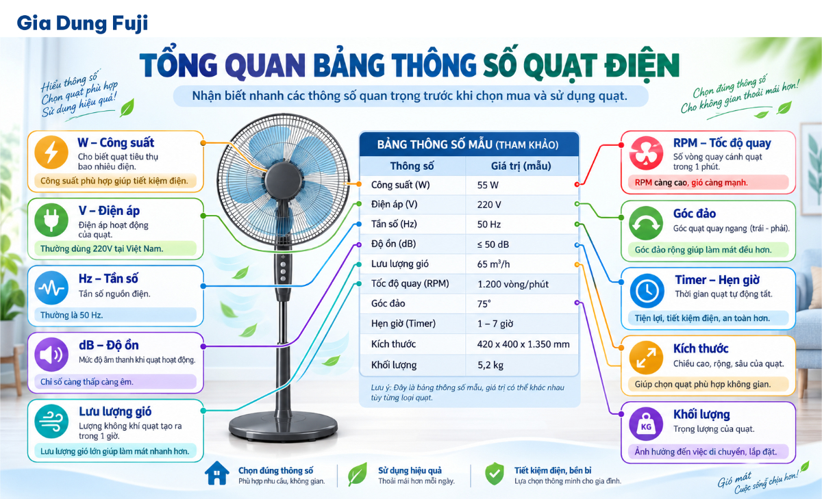 Bảng minh họa cách đọc các thông số quạt điện gồm W, V, Hz, dB, lưu lượng gió, RPM, góc đảo và timer