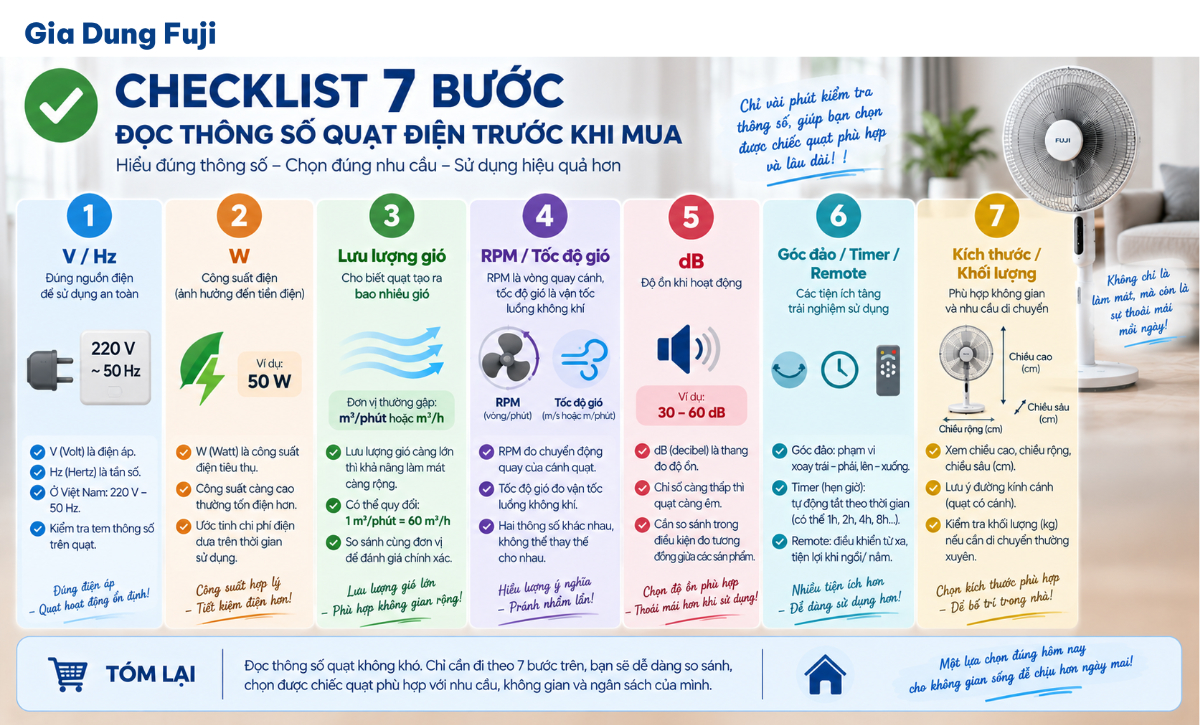 Có thể đọc bảng thông số quạt theo thứ tự từ nguồn điện, công suất, khả năng tạo gió đến tiện ích và kích thước. Checklist 7 bước đọc thông số quạt điện trước khi mua