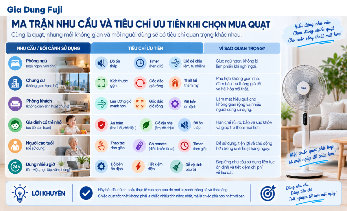 Cách chọn quạt theo phòng ngủ, phòng khách, chung cư và từng đối tượng sử dụng