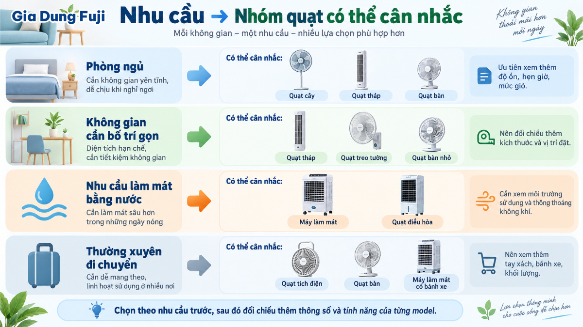 Sơ đồ gợi ý chọn quạt cây, quạt tháp hoặc máy làm mát theo nhu cầu sử dụng