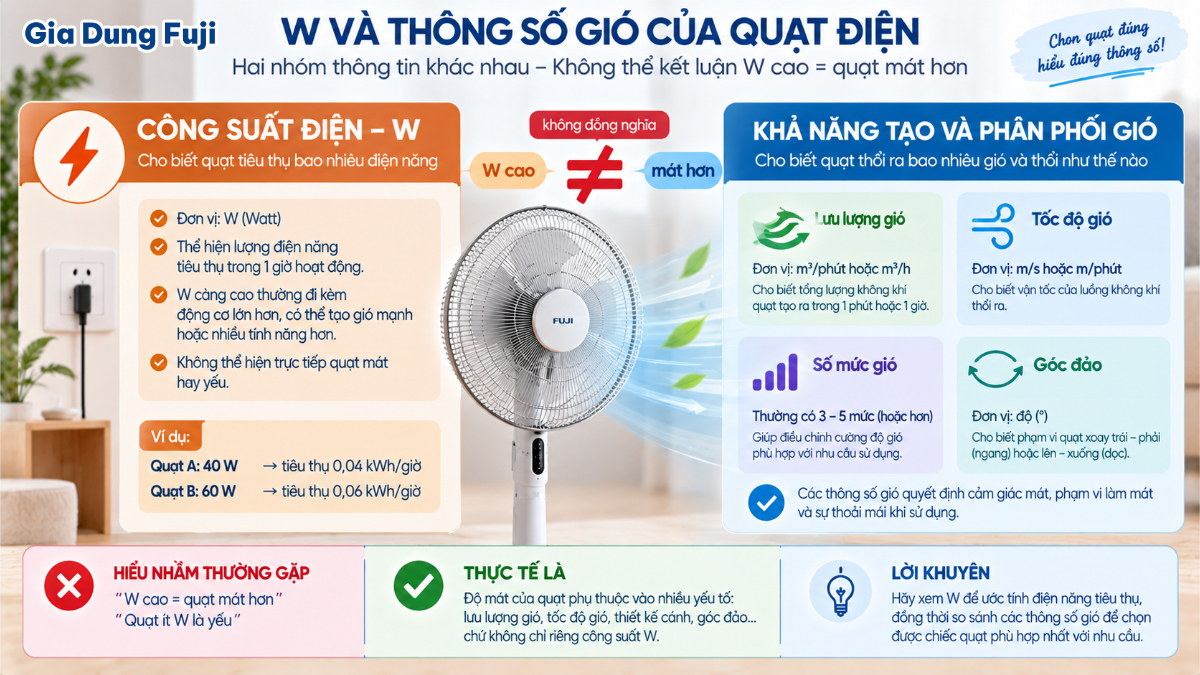Phân biệt công suất W với lưu lượng gió và phạm vi phân phối gió của quạt