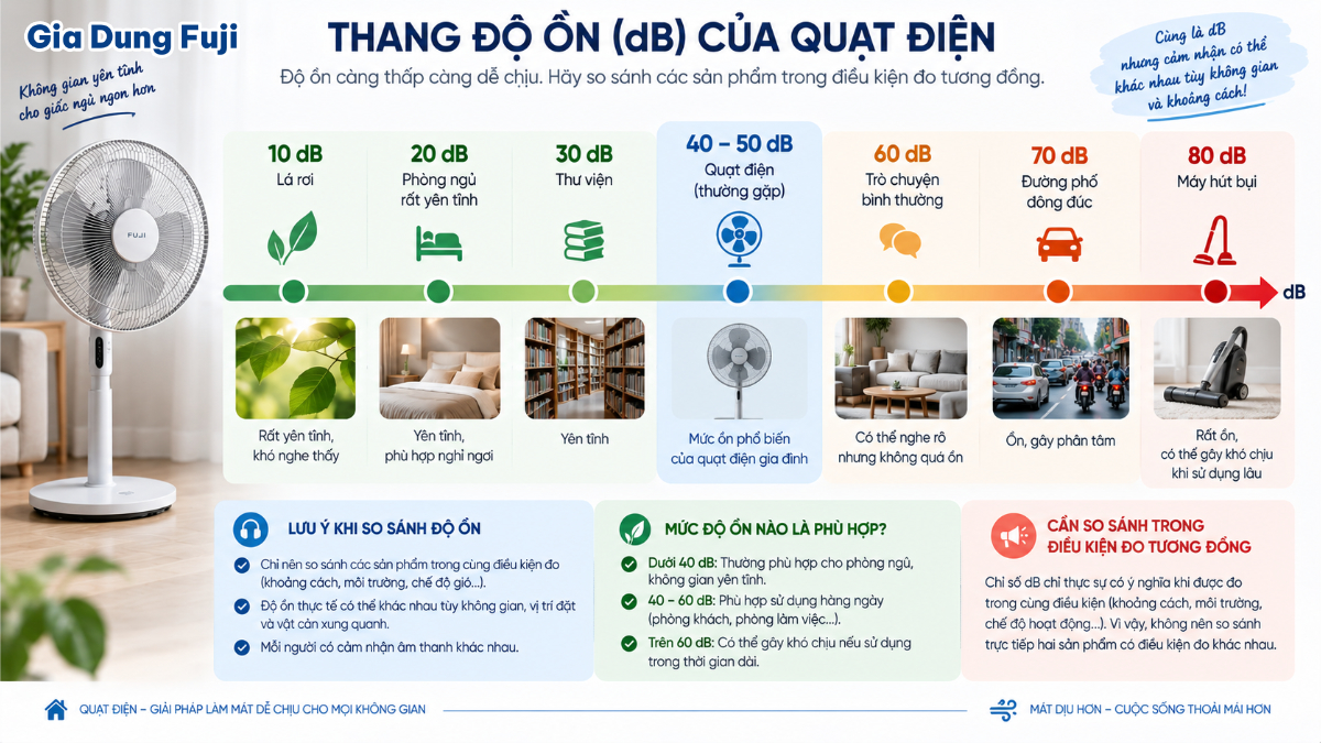 Thông số dB nên được đọc cùng chế độ vận hành và điều kiện đo mà nhà sản xuất công bố. Biểu đồ minh họa mức độ ồn dB của quạt và lưu ý so sánh trong cùng điều kiện đo