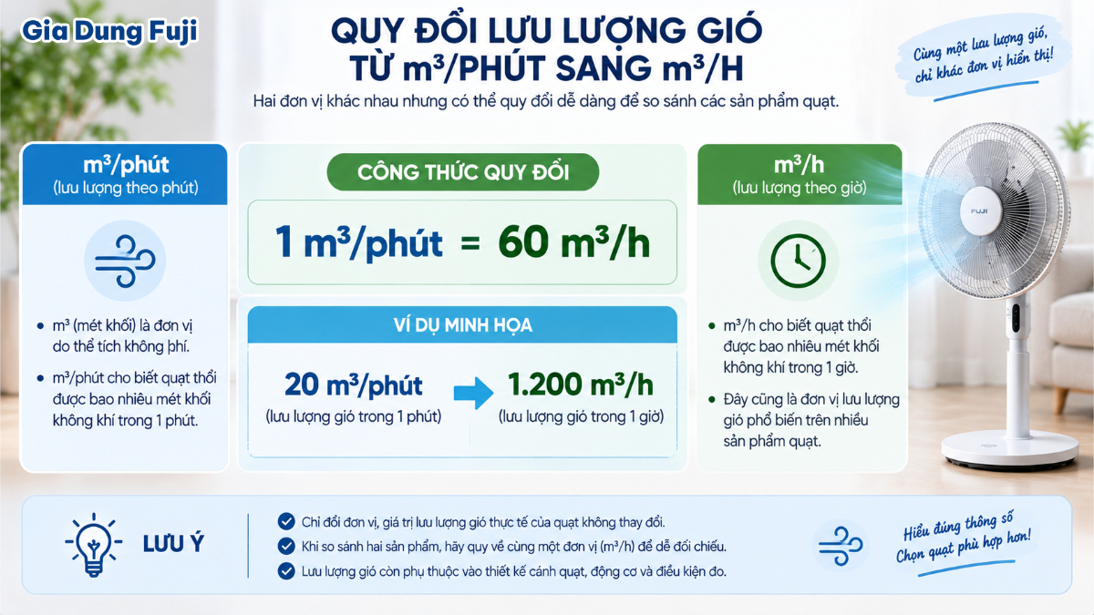 Có thể đổi từ m³/phút sang m³/h bằng cách nhân giá trị lưu lượng với 60. Công thức đổi lưu lượng gió từ mét khối mỗi phút sang mét khối mỗi giờ