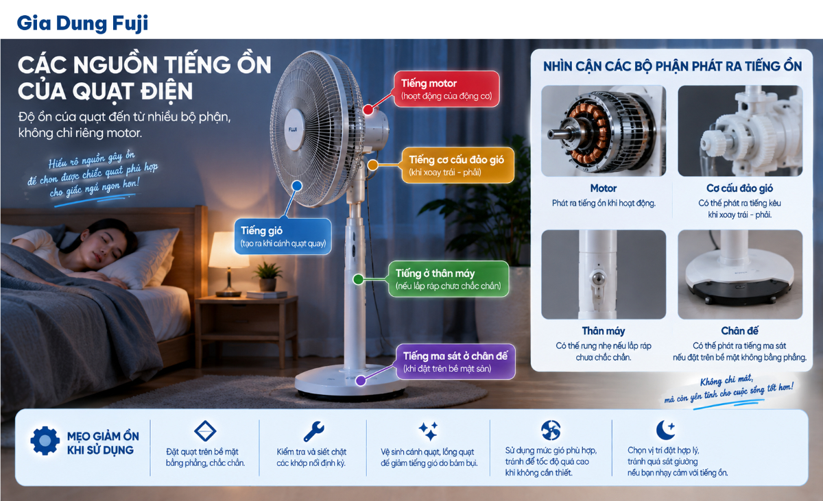Các yếu tố cần kiểm tra khi đánh giá độ ồn của quạt trong phòng ngủ