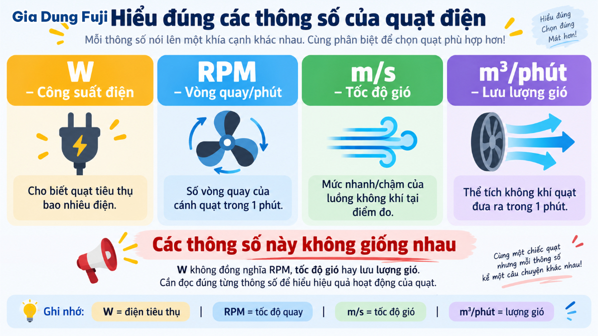 Sơ đồ phân biệt công suất W, tốc độ quay RPM, tốc độ gió và lưu lượng gió của quạt điện