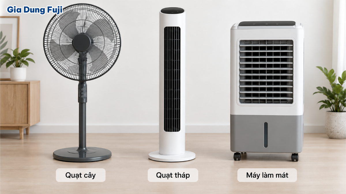 Quạt cây, quạt tháp và máy làm mát đặt cạnh nhau để so sánh kiểu thiết kế