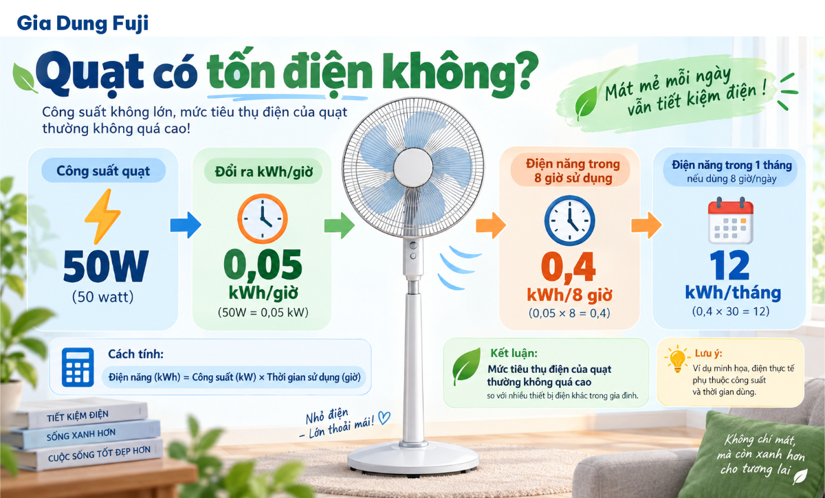 Ví dụ mức điện tiêu thụ của quạt 50W trong 1 giờ, 8 giờ và 30 ngày