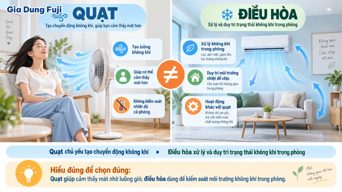 Minh họa sự khác nhau giữa quạt tạo luồng gió và điều hòa kiểm soát nhiệt độ không khí