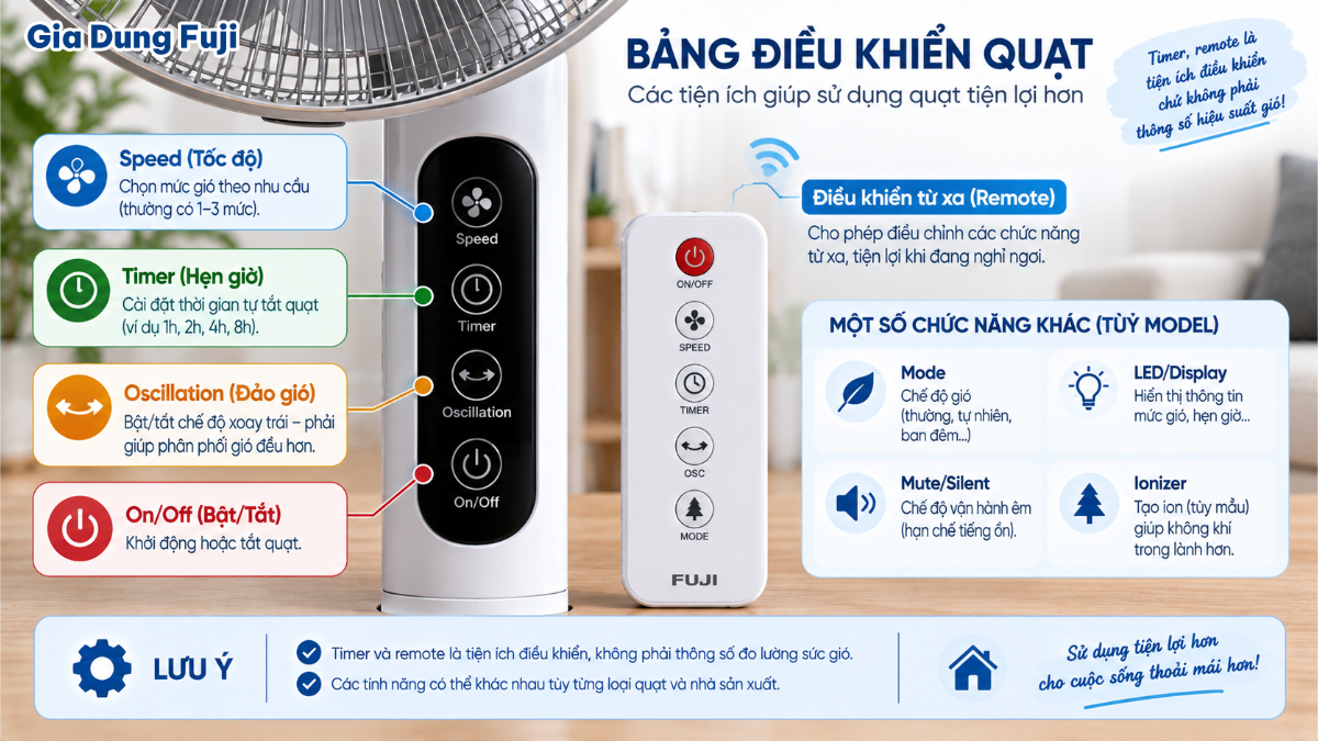Timer và remote giúp người dùng điều chỉnh thời gian vận hành và các chức năng của quạt thuận tiện hơn. Bảng điều khiển quạt điện có chức năng hẹn giờ, tốc độ, đảo gió và điều khiển từ xa