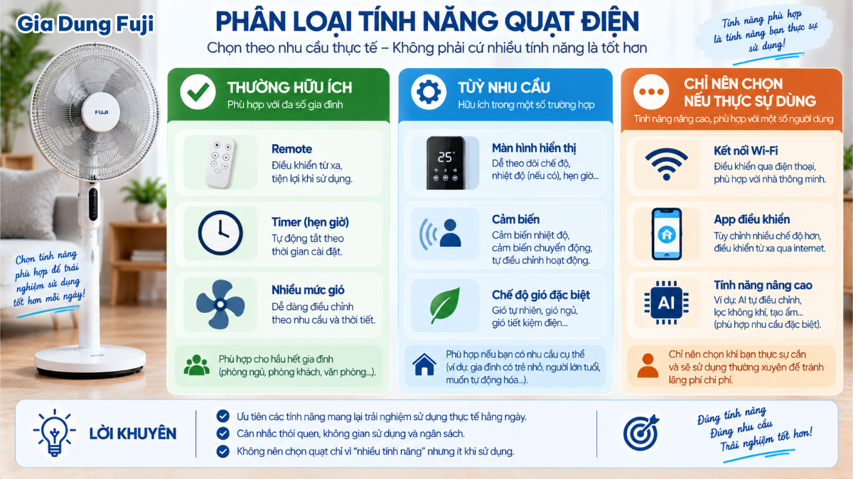 Phân loại các tính năng cần cân nhắc khi mua quạt điện