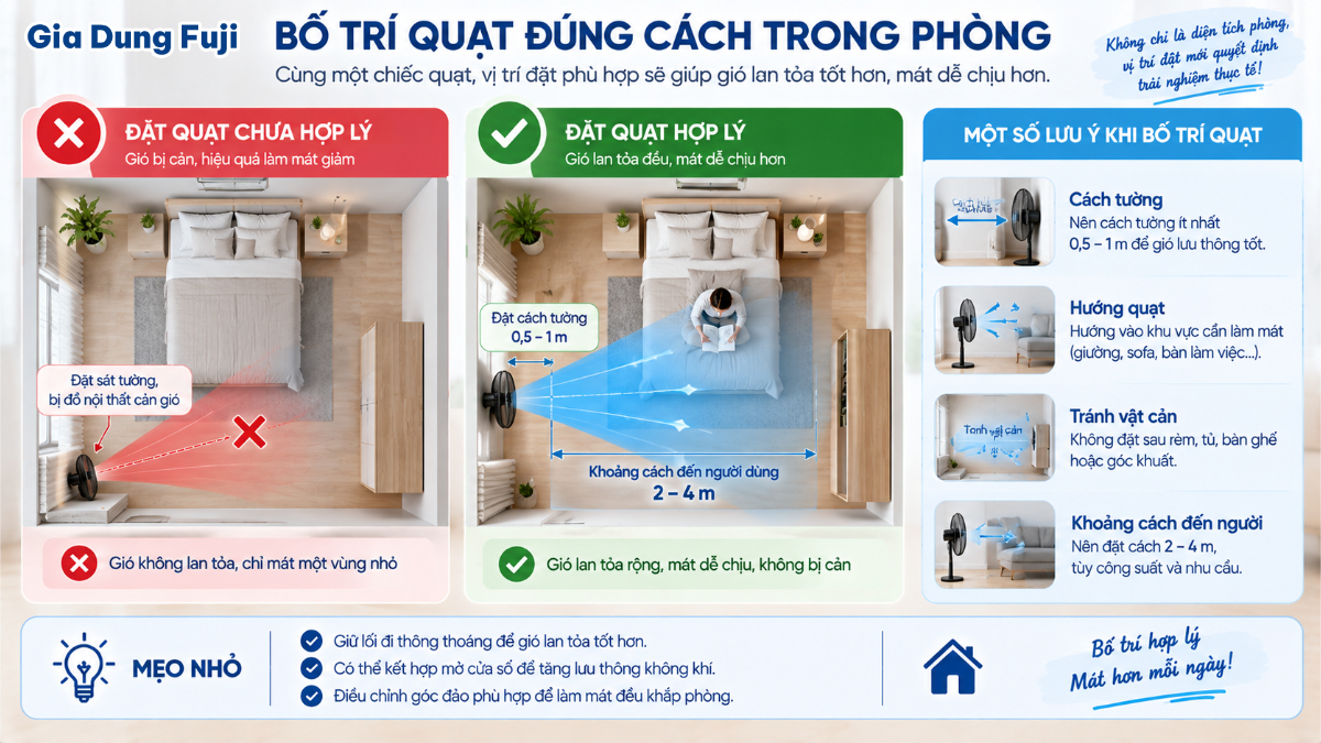Minh họa vị trí đặt quạt và vùng cần nhận gió trong phòng